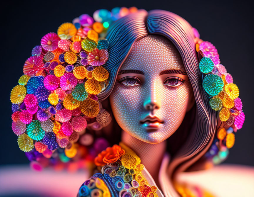 Colorful Floral Patterned Woman Portrait in 3D Render