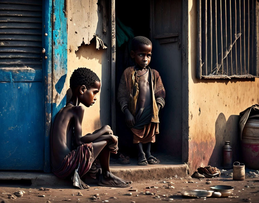 Children in dimly lit rustic setting with blue door