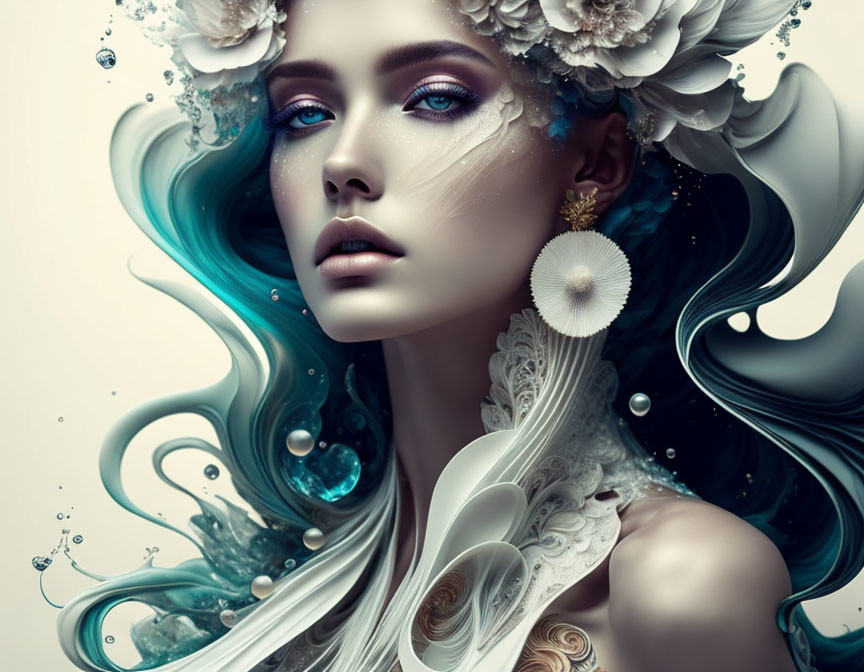 Digital Artwork: Woman with Flowing Blue Hair and Floral Accents