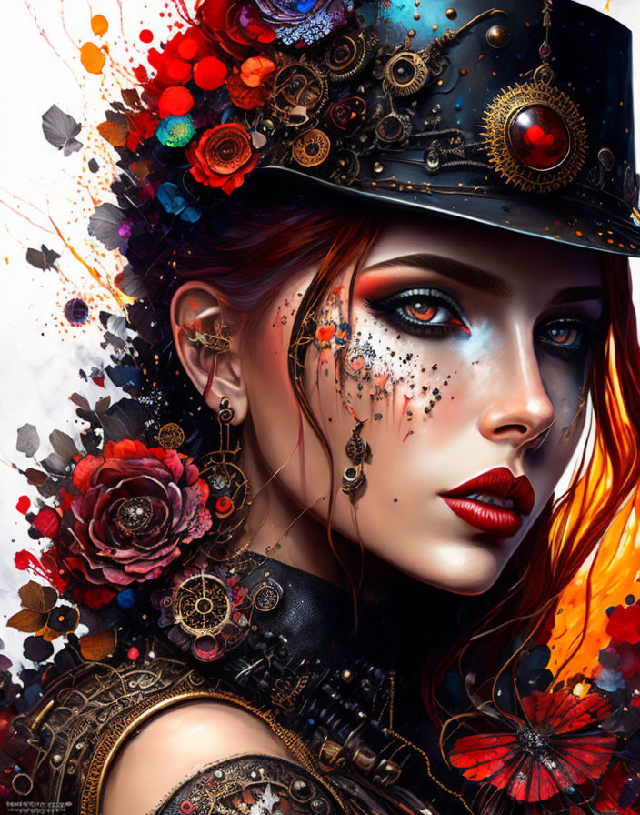 Vibrant makeup and steampunk-style hat in artistic woman portrait