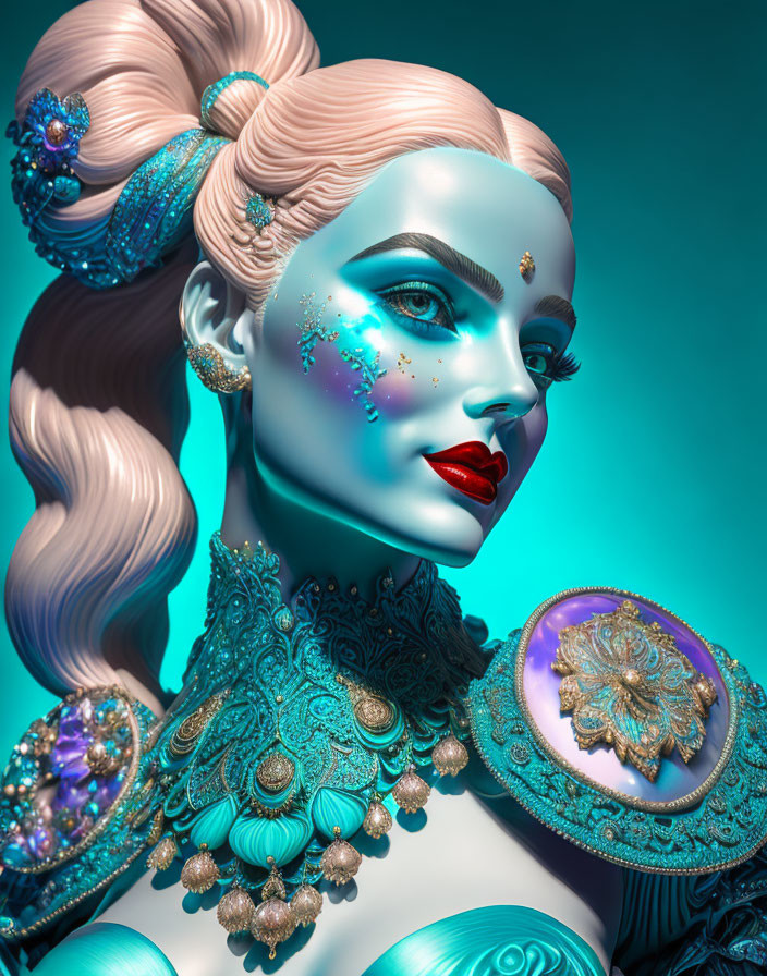 Blue-skinned woman with teal hair and ornate jewelry in 3D render