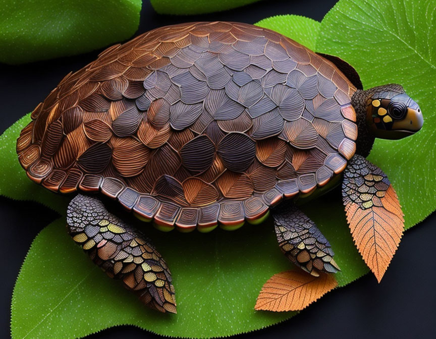 Detailed 3D illustration of a turtle with intricate shell patterns on green leaves