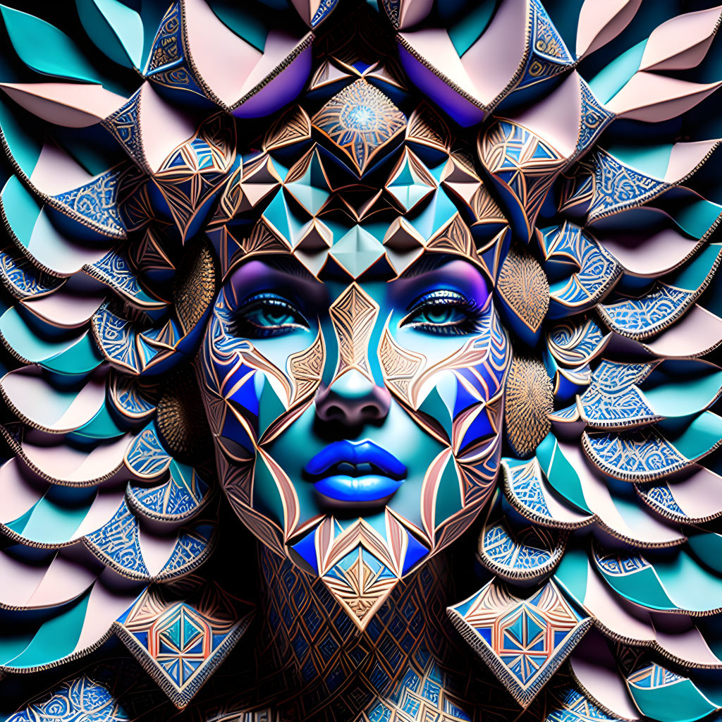 Stylized female face with geometric patterns and floral headdress in blue and brown.