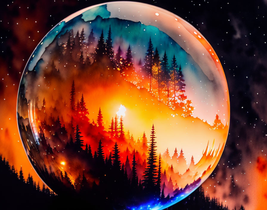 Colorful Forest Encased in Transparent Sphere on Starry Night Sky