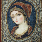 Detailed artwork of elegant woman in ornate headdress with gold and blue motifs against intricate arches