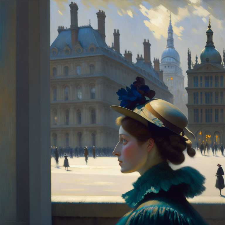 Vintage woman with flower-adorned hat in elegant city square at sunset