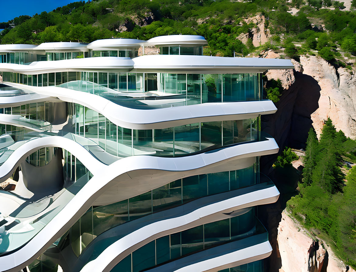 Contemporary building with white curvilinear balconies and glass facades against green hillside