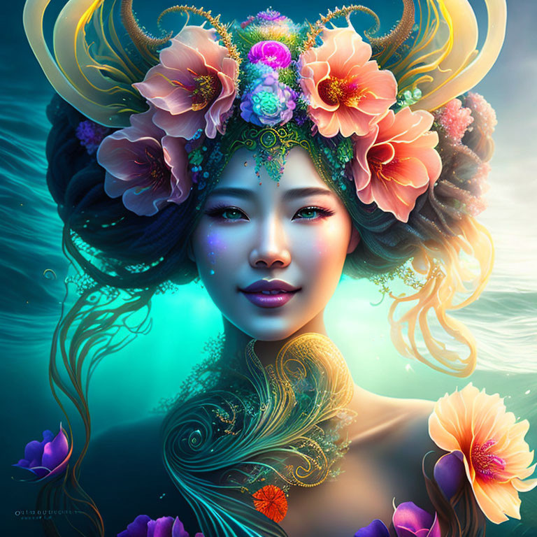 Woman with floral hair adornments in mystical aquatic setting.