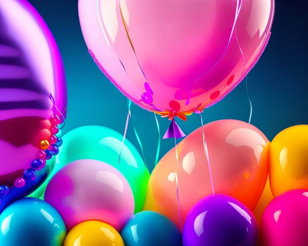 Assorted colorful glossy balloons tightly clustered on blue background