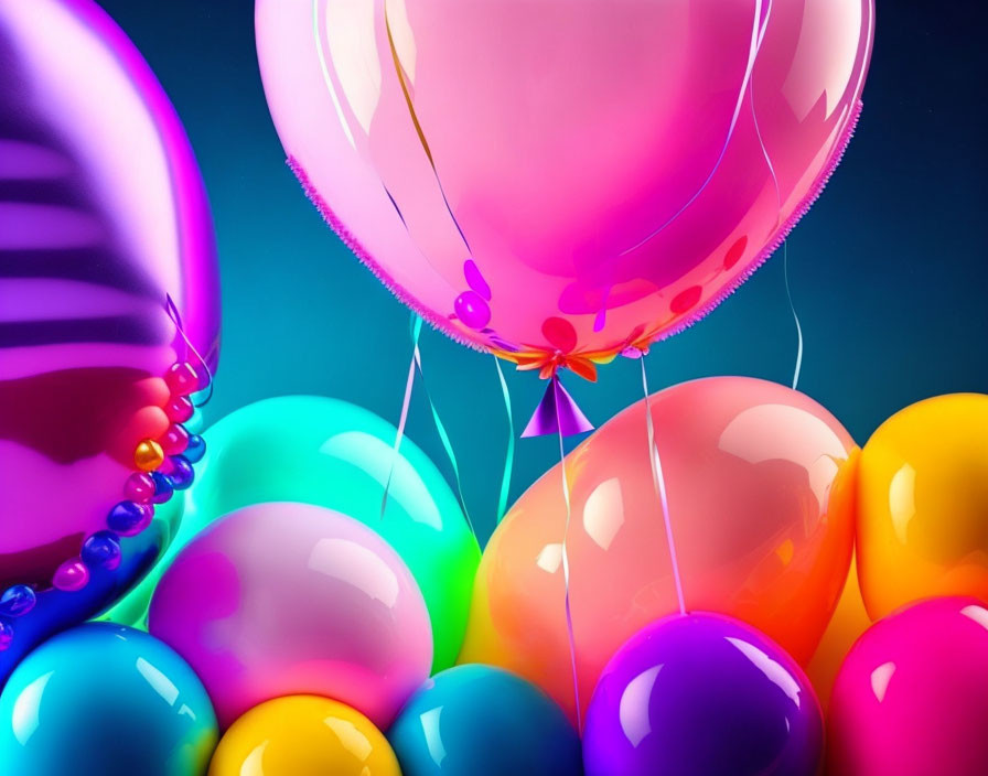 Assorted colorful glossy balloons tightly clustered on blue background