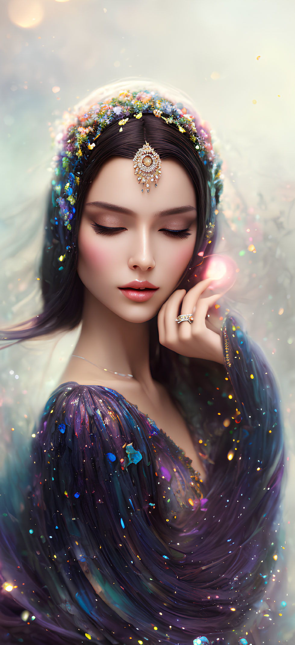 Cosmic-themed woman with jeweled headpiece in mystical glow.