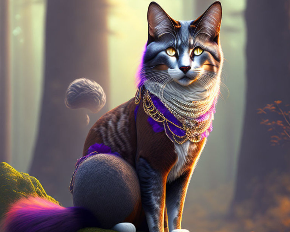 Digital art: Cat with human-like eyes, adorned with jewelry, in mystical forest.