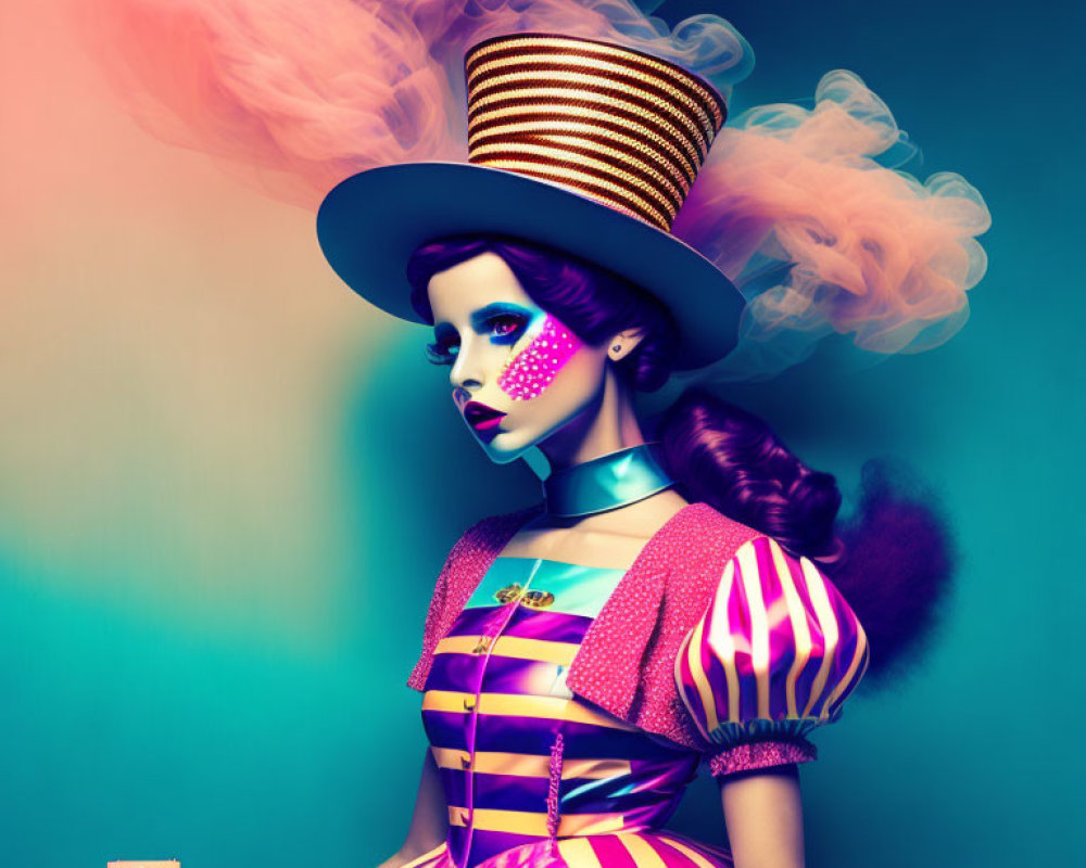 Vibrant woman in whimsical costume with oversized hat and theatrical makeup