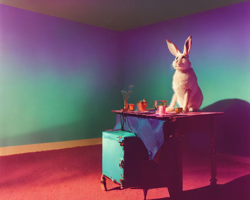 Colorful Room with Rabbit on Small Table in Pink, Green, and Purple Setting