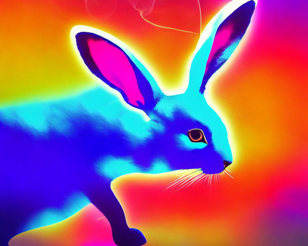 Colorful digital artwork: stylized blue rabbit on psychedelic rainbow background.