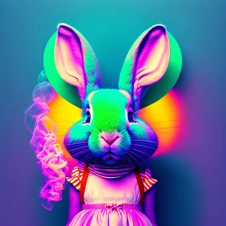 Colorful humanoid rabbit in dress on neon background with whimsical smoke trail