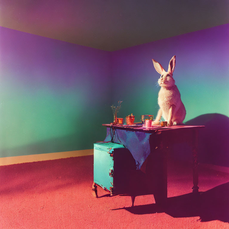 Colorful Room with Rabbit on Small Table in Pink, Green, and Purple Setting