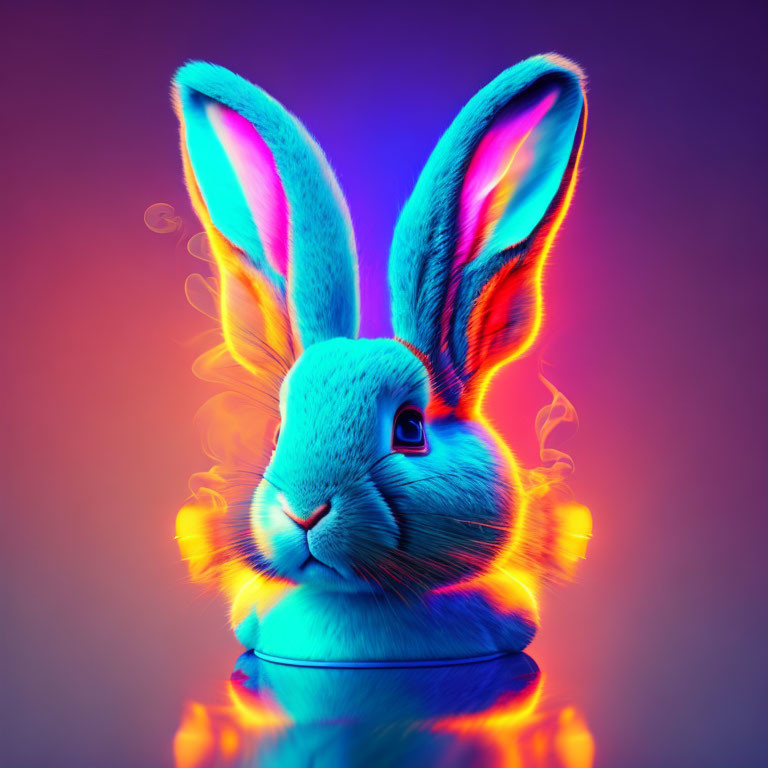 Neon blue rabbit digital art with pink inner ears and flames on purple backdrop