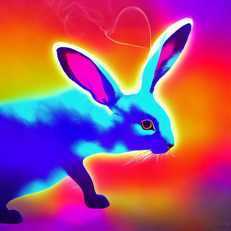 Colorful digital artwork: stylized blue rabbit on psychedelic rainbow background.