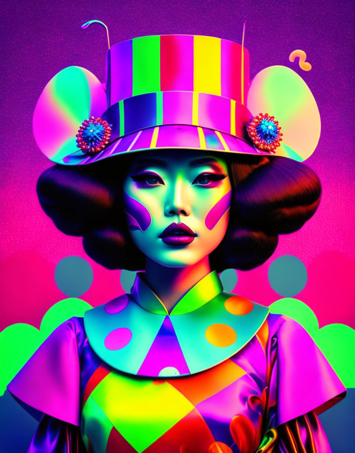 Colorful portrait of a woman with artistic makeup in striped hat and polka-dotted outfit on psychedelic