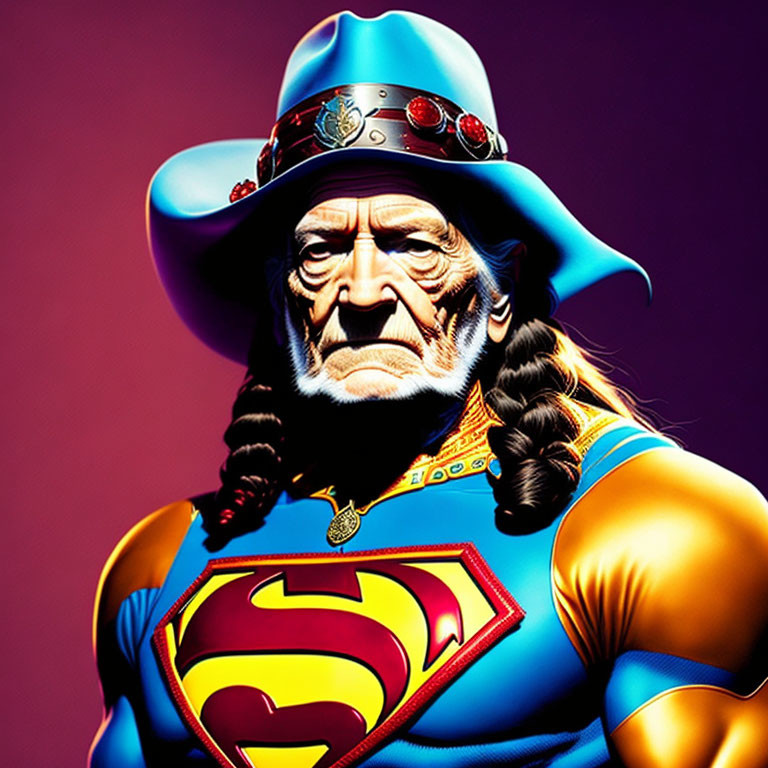 Character in Superman costume with cowboy hat & jewels, braided pigtails, purple background