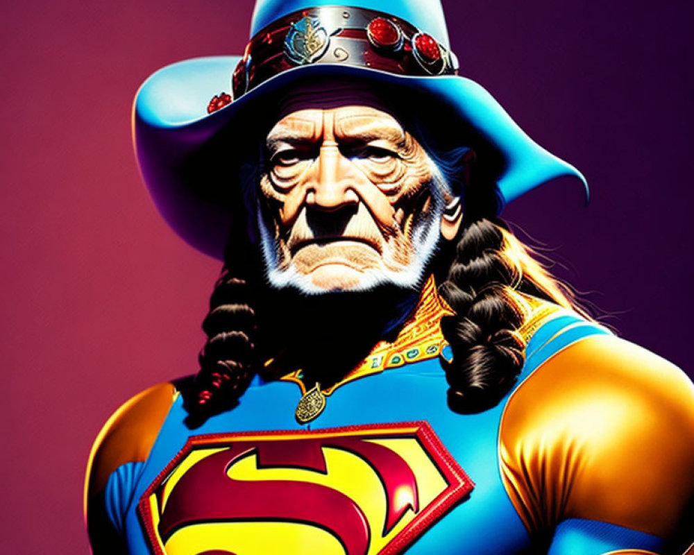 Character in Superman costume with cowboy hat & jewels, braided pigtails, purple background