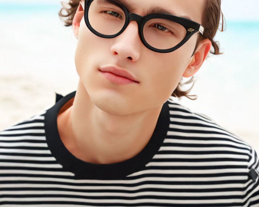 Young person in black-framed glasses and striped shirt at the beach