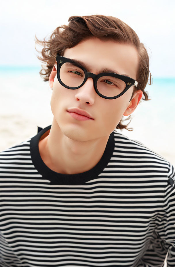 Young person in black-framed glasses and striped shirt at the beach