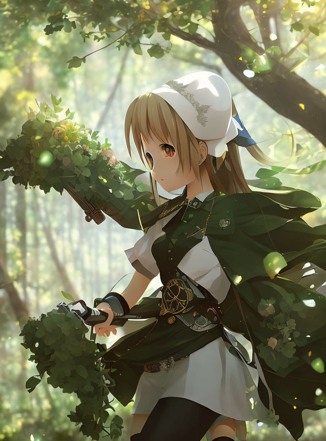 Anime-style girl in green cloak cutting herbs in forest with glowing orbs