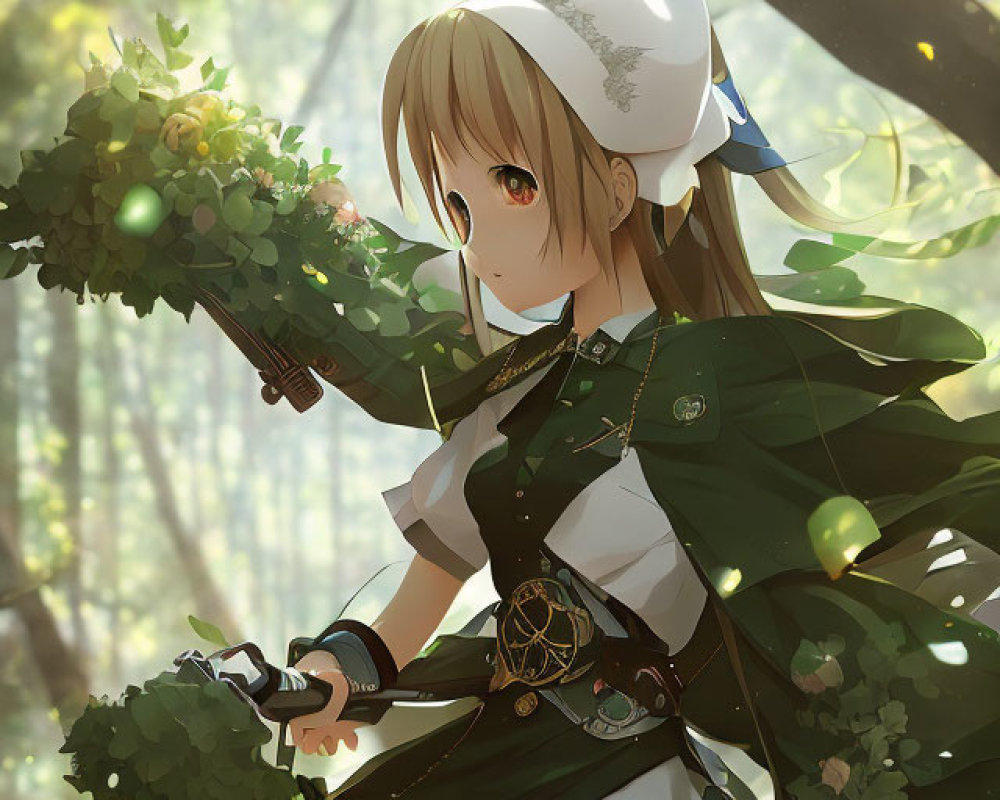 Anime-style girl in green cloak cutting herbs in forest with glowing orbs