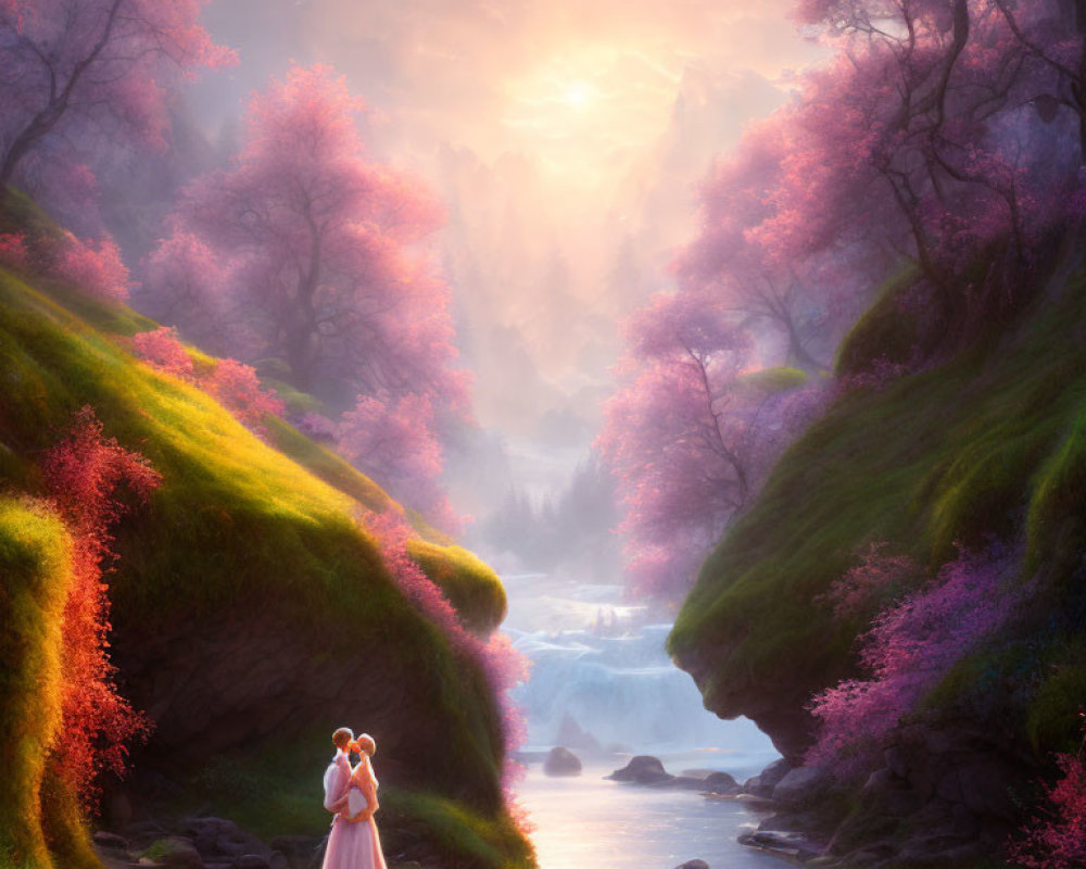 Serene couple embraces in fantastical landscape with pink trees and waterfall