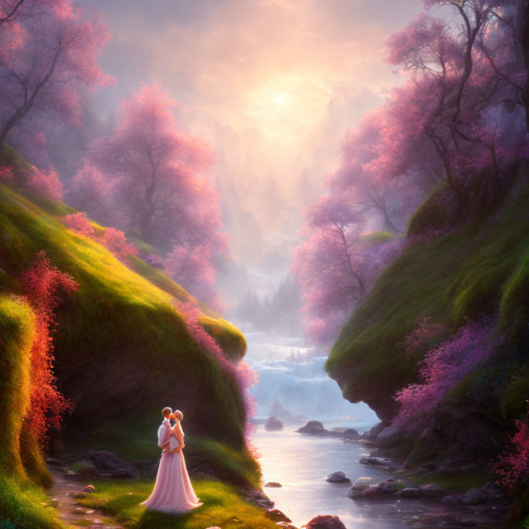 Serene couple embraces in fantastical landscape with pink trees and waterfall