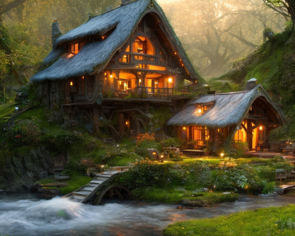 Enchanted forest scene: illuminated thatched roof cottage, stream, wooden bridge