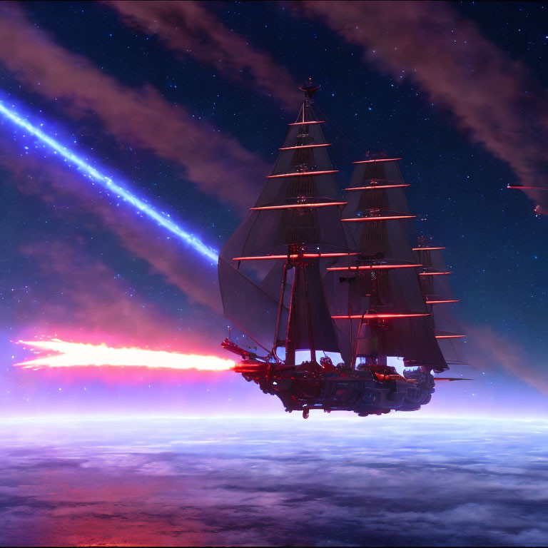 Sailing ship under dramatic night sky with comets