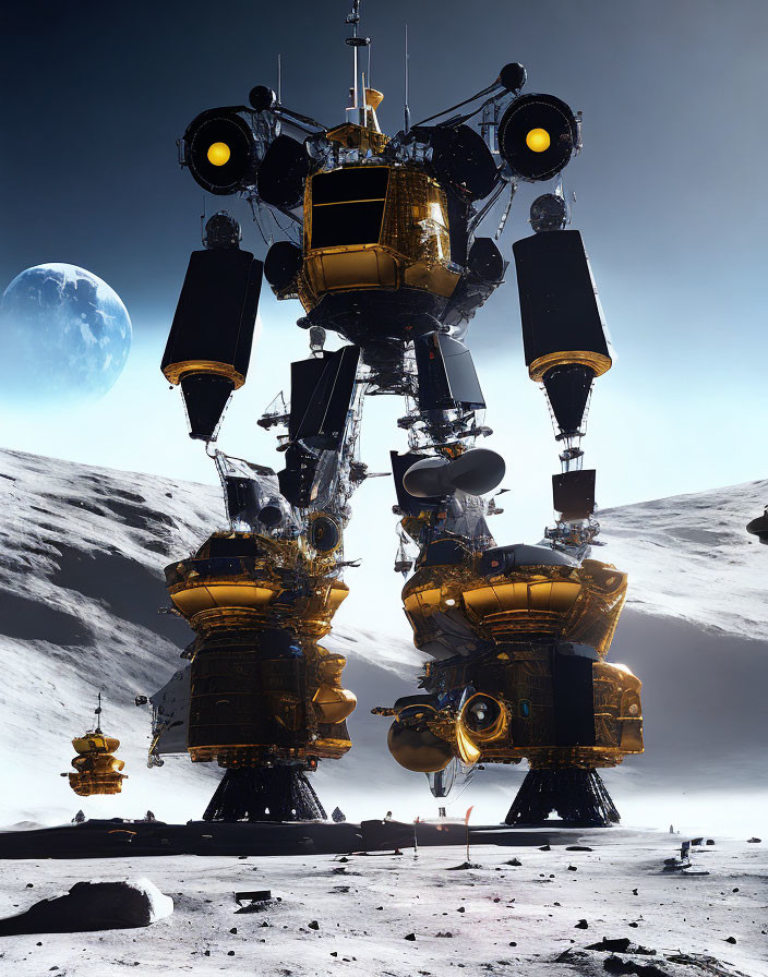 Giant robotic structure on lunar surface with golden parts and multiple limbs