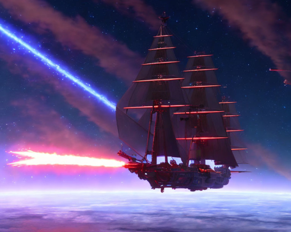 Sailing ship under dramatic night sky with comets