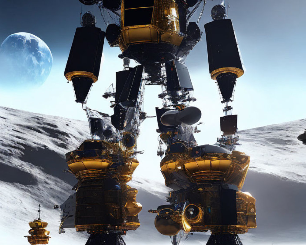 Giant robotic structure on lunar surface with golden parts and multiple limbs