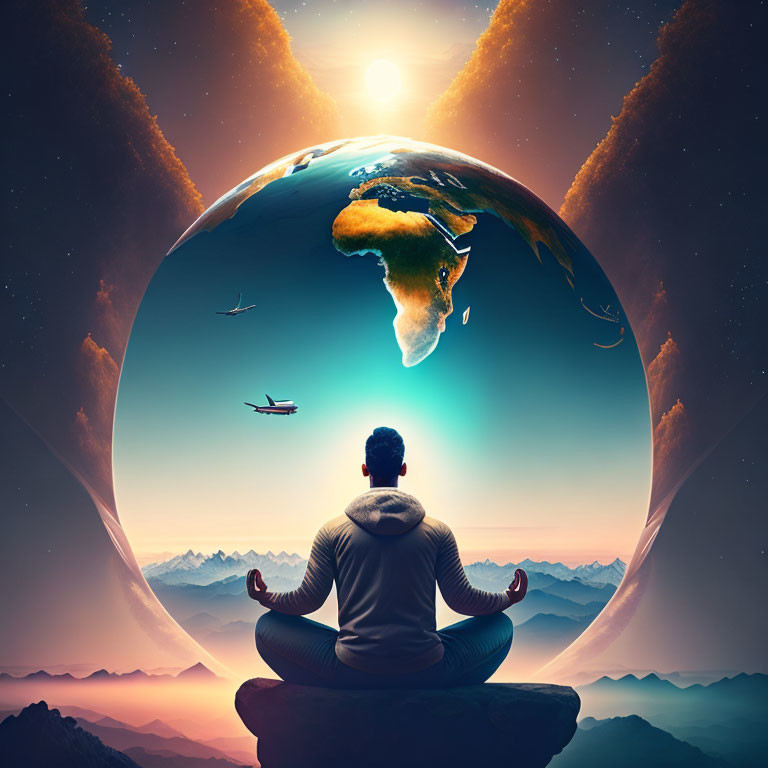 Person meditating on rock with oversized Earth in surreal space scene