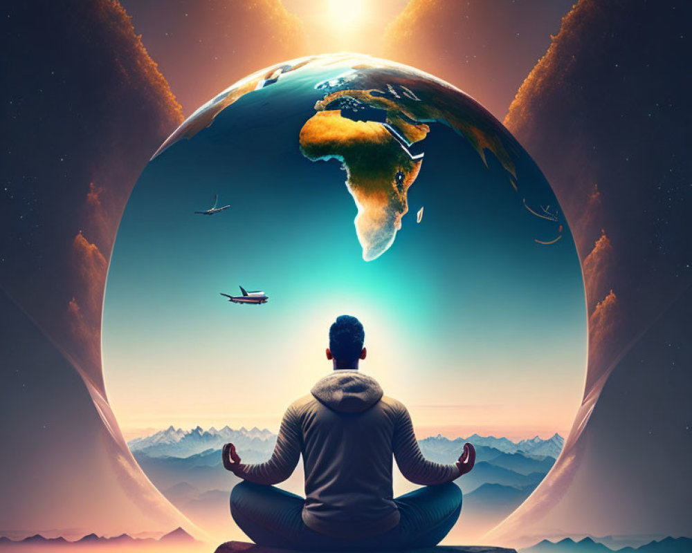 Person meditating on rock with oversized Earth in surreal space scene