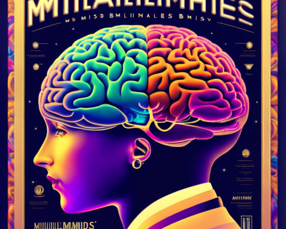 Colorful Brain Profile Poster with Futuristic Typography and Patterned Background