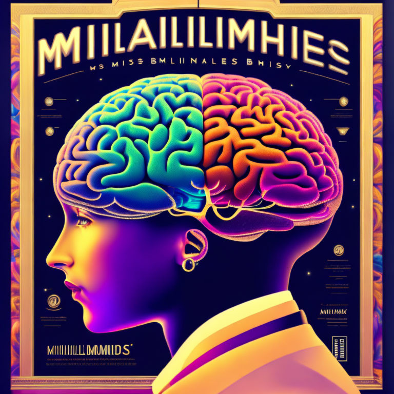 Colorful Brain Profile Poster with Futuristic Typography and Patterned Background