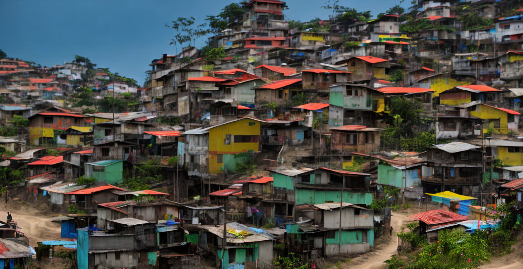 Clustered colorful shantytown under overcast sky