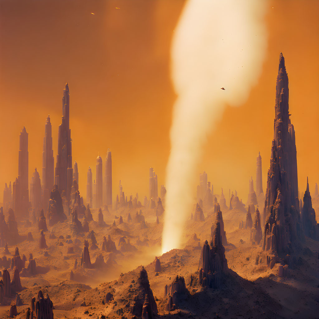 Desolate landscape with towering rock formations under hazy orange sky