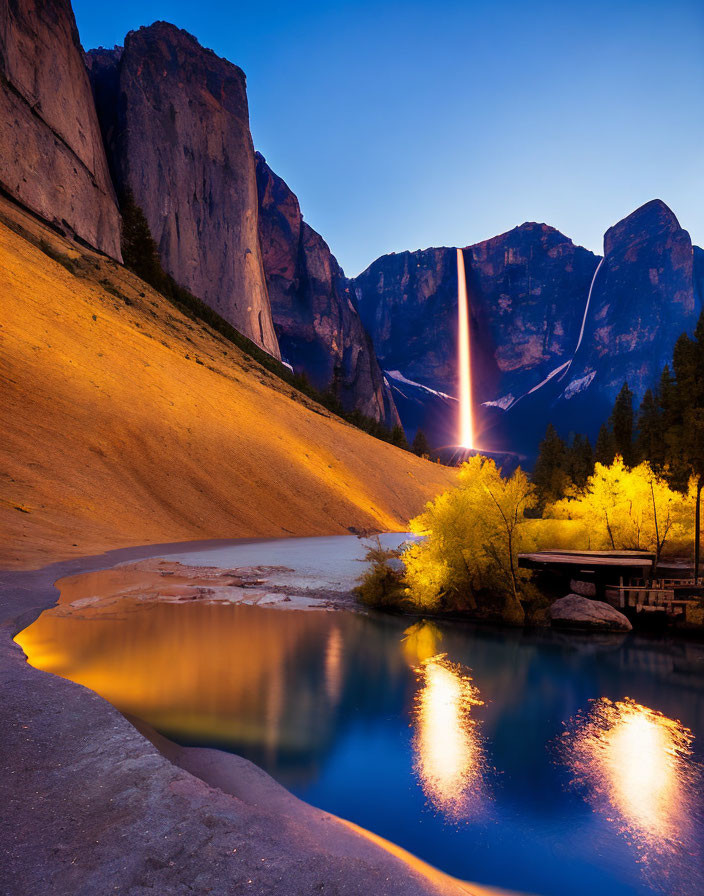 Serene mountain valley at twilight with sunbeam, river, and golden-lit trees