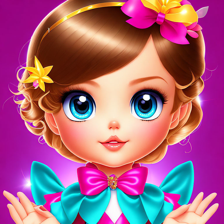 Cartoon girl with blue eyes, curly hair, yellow bow, and blue bow-tie on purple