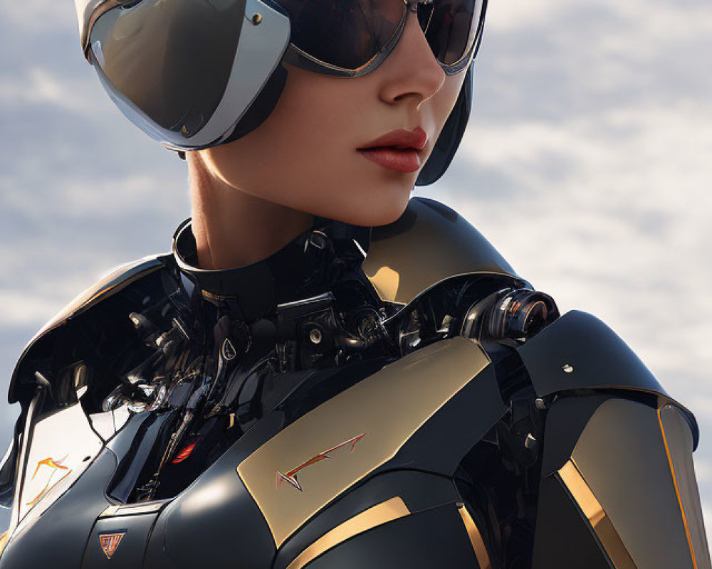 Futuristic female figure in black-and-gold armor with high-tech helmet