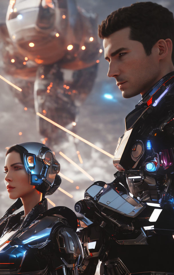 Futuristic male and female soldiers in high-tech armor against exploding aircraft and fiery sky