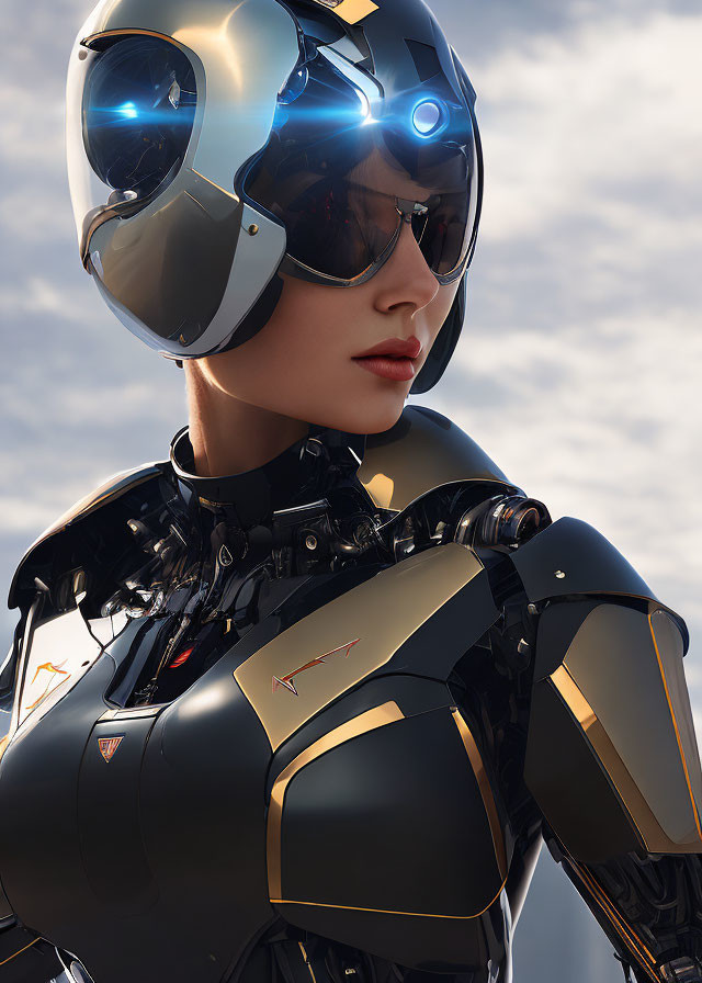 Futuristic female figure in black-and-gold armor with high-tech helmet