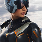 Futuristic female figure in black-and-gold armor with high-tech helmet