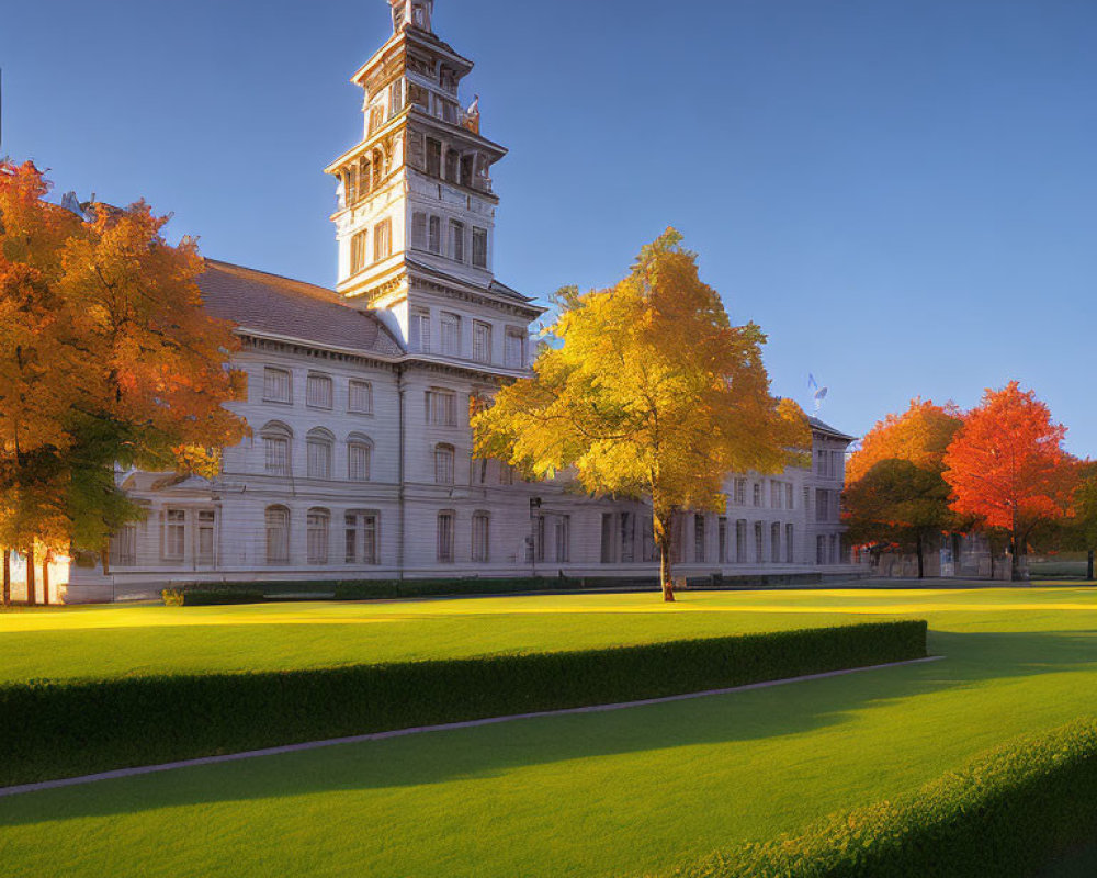 Tall tower in historical building amid green lawns and autumn trees